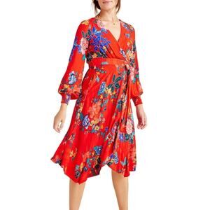 by Anthropologie Boswell Textured Wrap Tunic Red Floral Dress Size 4